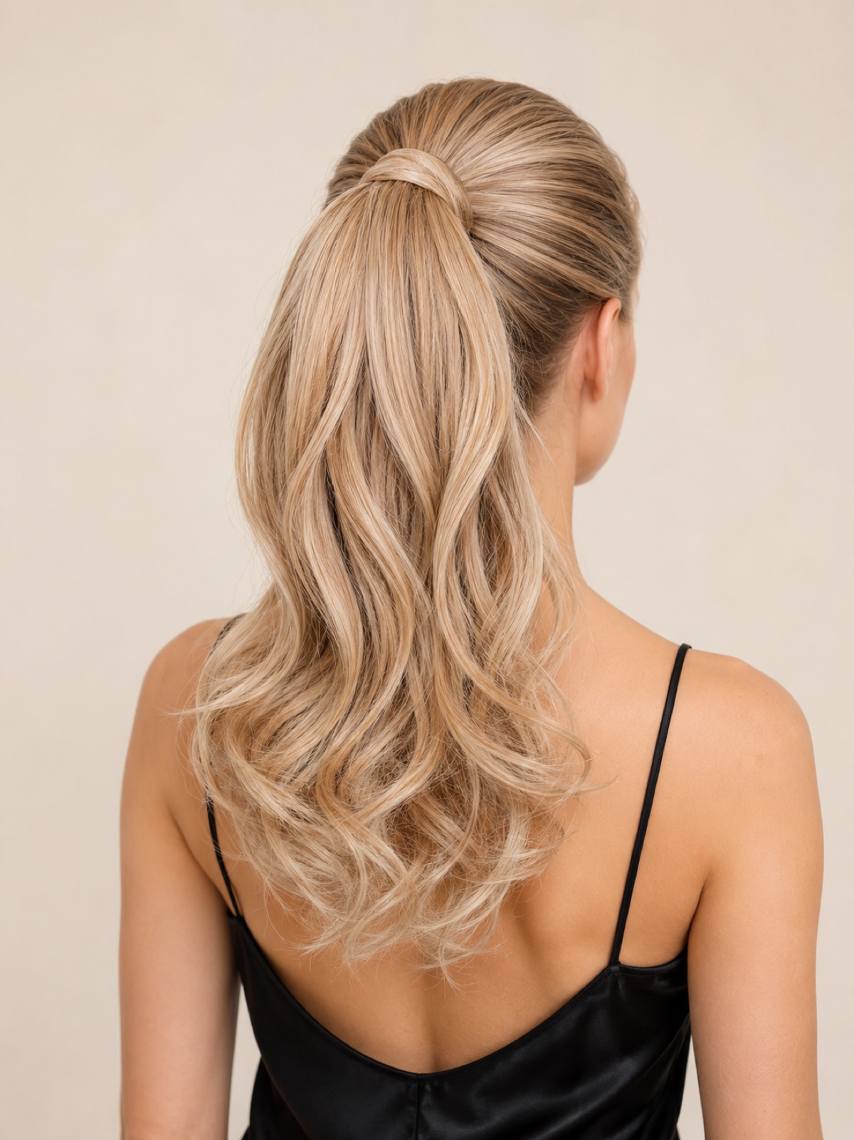 Coleta ondulada rubia con extensiones de pelo