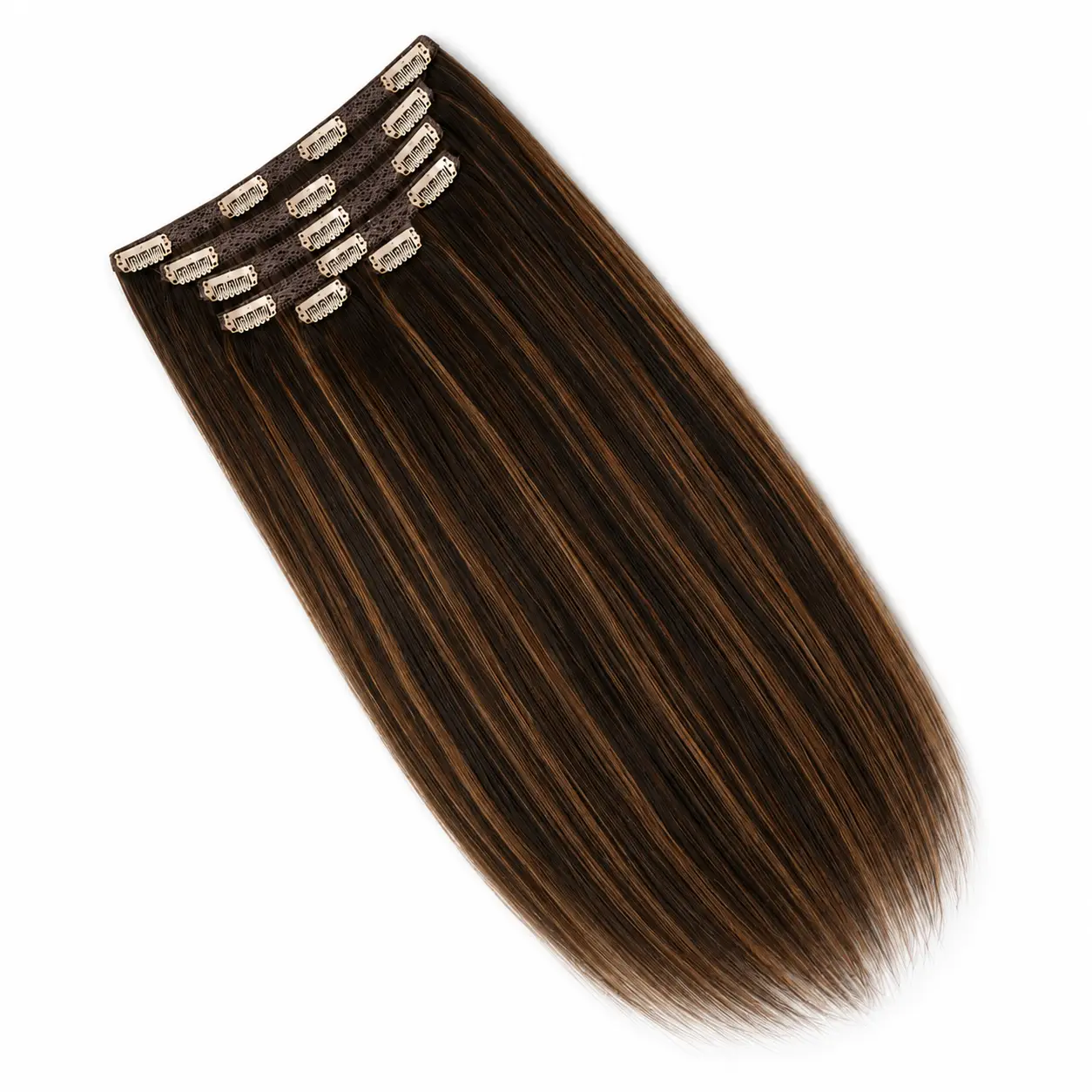 Extensiones de clip de cabello humano natural castaño con reflejos, kit completo