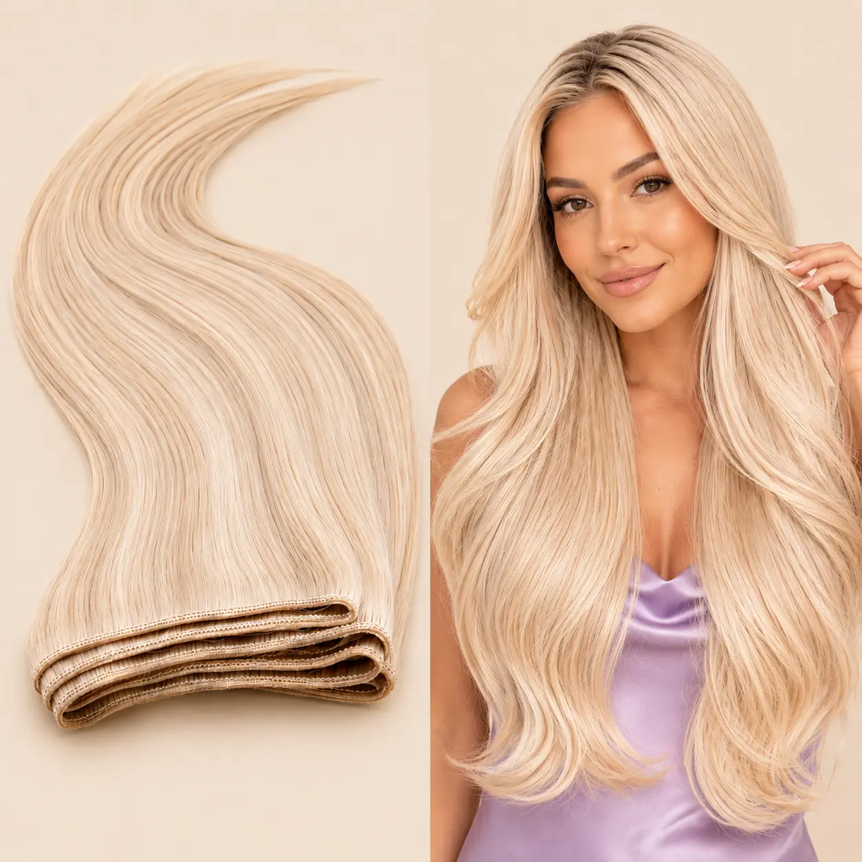 Extensiones de pelo cortina rubia: mechón cosido y modelo luciendo la melena, máximo volumen