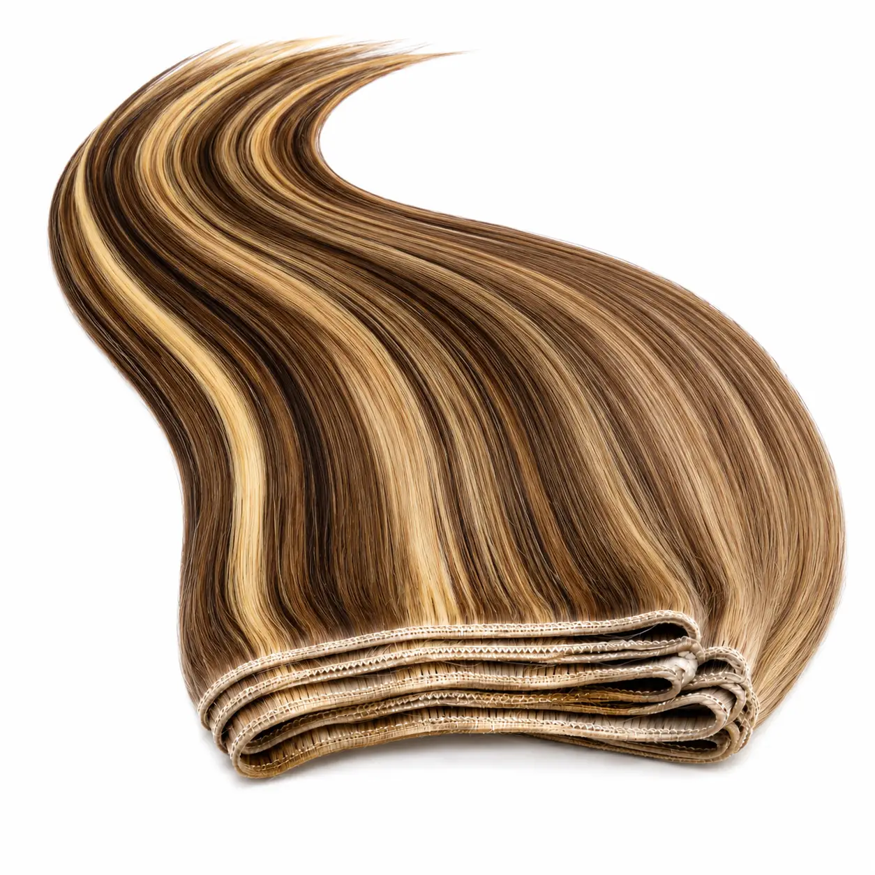 Extensiones de pelo cortina cosidas de cabello natural con mechas doradas