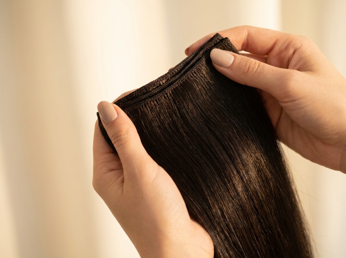 Manos sosteniendo una cortina de extensiones de pelo natural